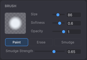 Brush sliders — Size, Softness and Opacity