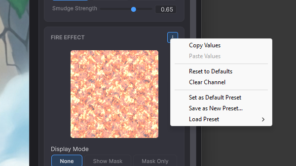 Per-effect kebab menu showing preset and clipboard actions
